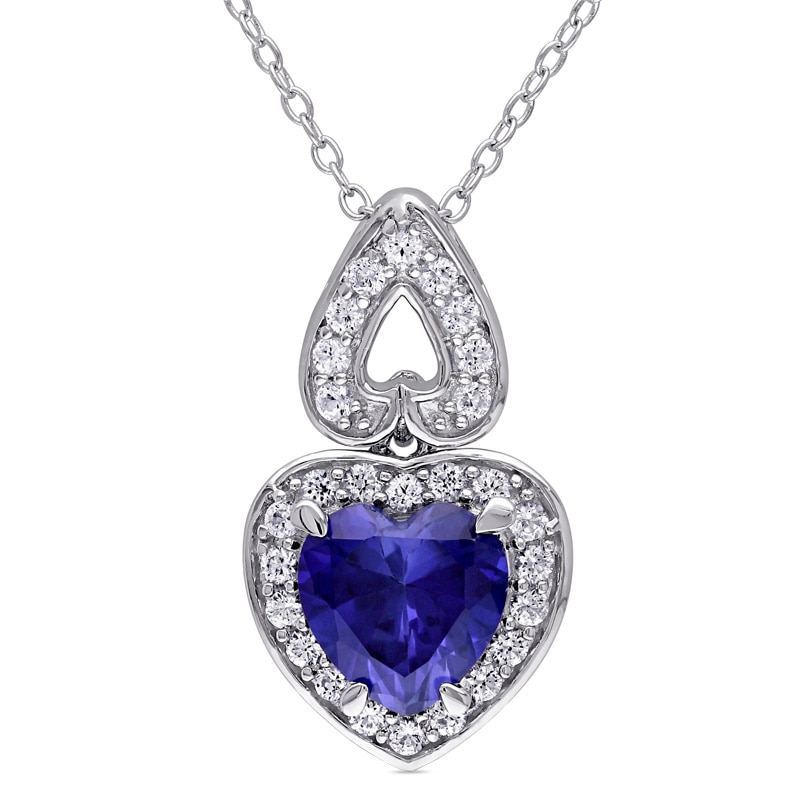 8.0mm Heart-Shaped Lab-Created Blue and White Sapphire Frame Pendant in Sterling Silver