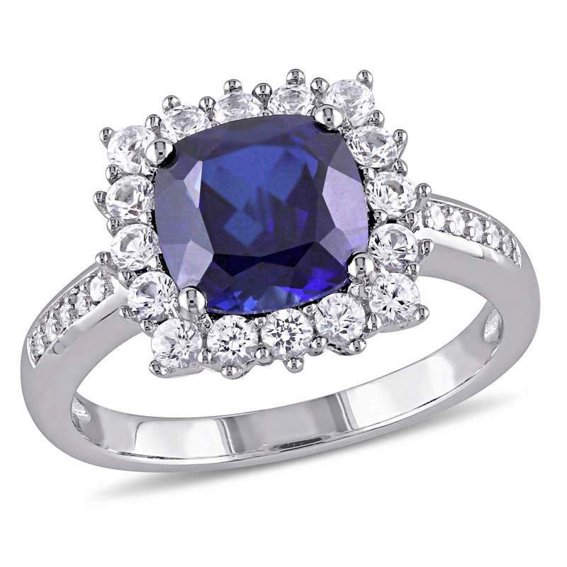 8.0mm Cushion-Cut Lab-Created Blue and White Sapphire and Diamond Accent Frame Ring in Sterling Silver