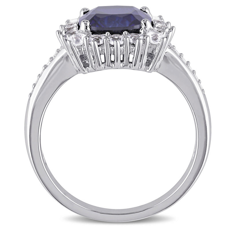 8.0mm Cushion-Cut Lab-Created Blue and White Sapphire and Diamond Accent Frame Ring in Sterling Silver