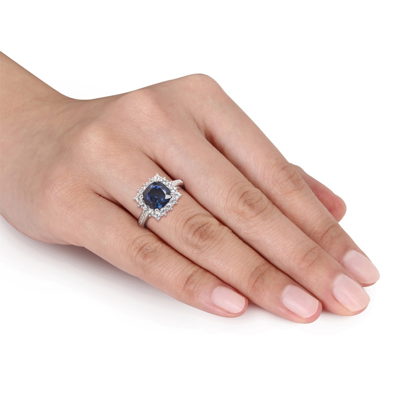 8.0mm Cushion-Cut Lab-Created Blue and White Sapphire and Diamond Accent Frame Ring in Sterling Silver