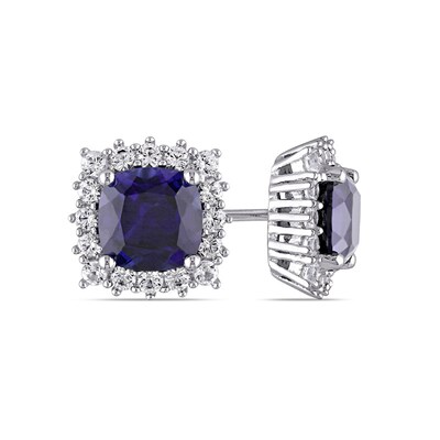 7.0mm Cushion-Cut Lab-Created Blue and White Sapphire Frame Stud Earrings in Sterling Silver