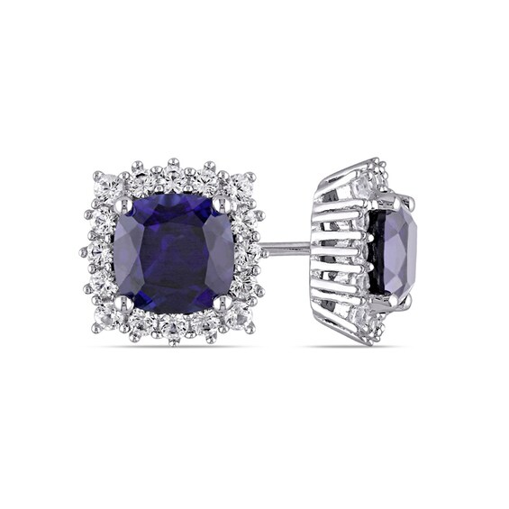 7.0mm Cushion-Cut Lab-Created Blue and White Sapphire Frame Stud Earrings in Sterling Silver
