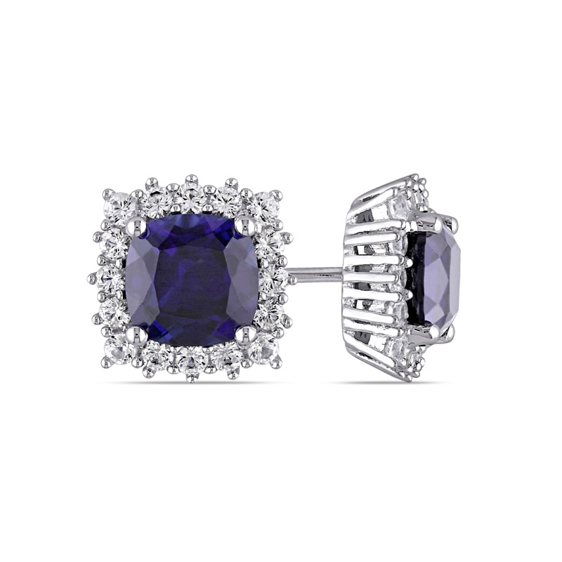 7.0mm Cushion-Cut Lab-Created Blue and White Sapphire Frame Stud Earrings in Sterling Silver
