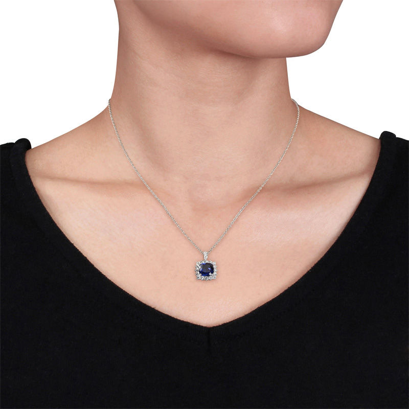 8.0mm Cushion-Cut Lab-Created Blue and White Sapphire and Diamond Accent Frame Pendant in Sterling Silver