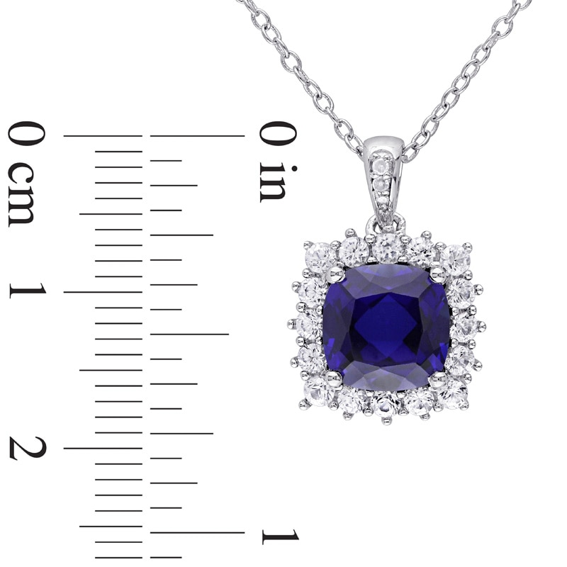 8.0mm Cushion-Cut Lab-Created Blue and White Sapphire and Diamond Accent Frame Pendant in Sterling Silver