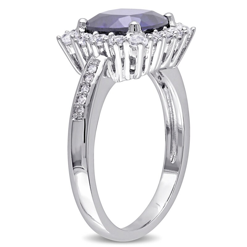 Main Image 2 of 8.0mm Cushion-Cut Lab-Created Blue and White Sapphire and Diamond Accent Frame Ring in Sterling Silver
