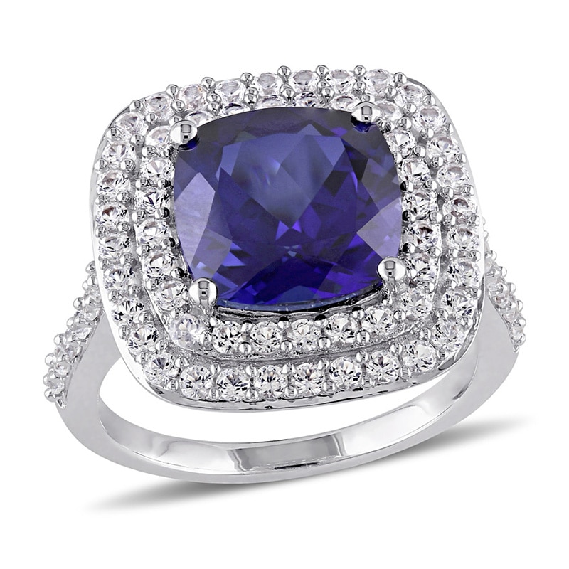 10.0mm Cushion-Cut Lab-Created Blue and White Sapphire Double Frame Ring in Sterling Silver|Peoples Jewellers