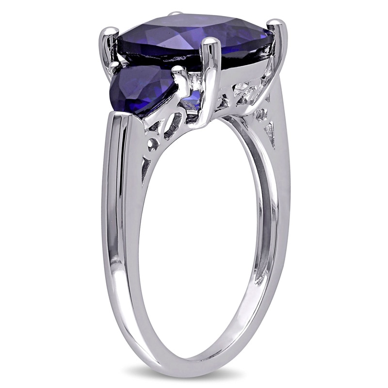 Main Image 2 of 10.0mm Cushion-Cut Lab-Created Blue Sapphire Three Stone Ring in Sterling Silver