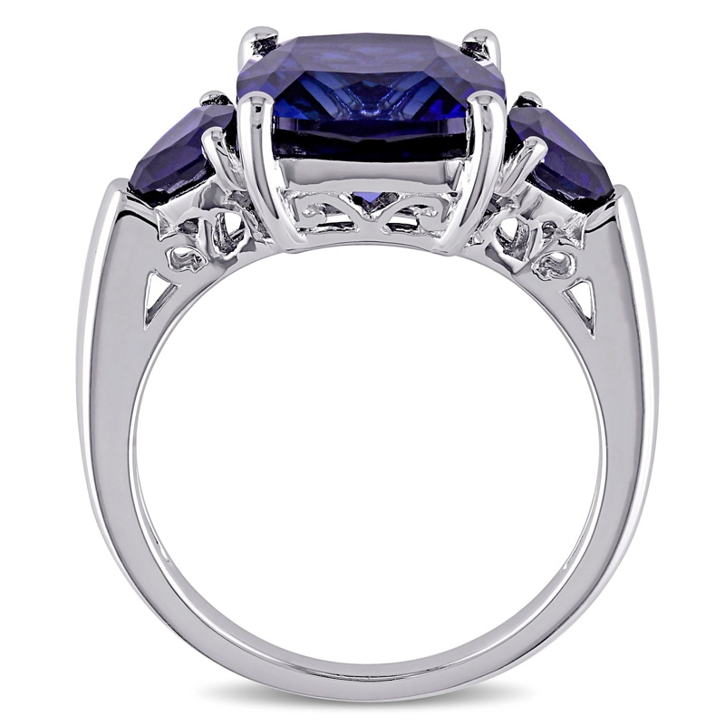 Main Image 3 of 10.0mm Cushion-Cut Lab-Created Blue Sapphire Three Stone Ring in Sterling Silver