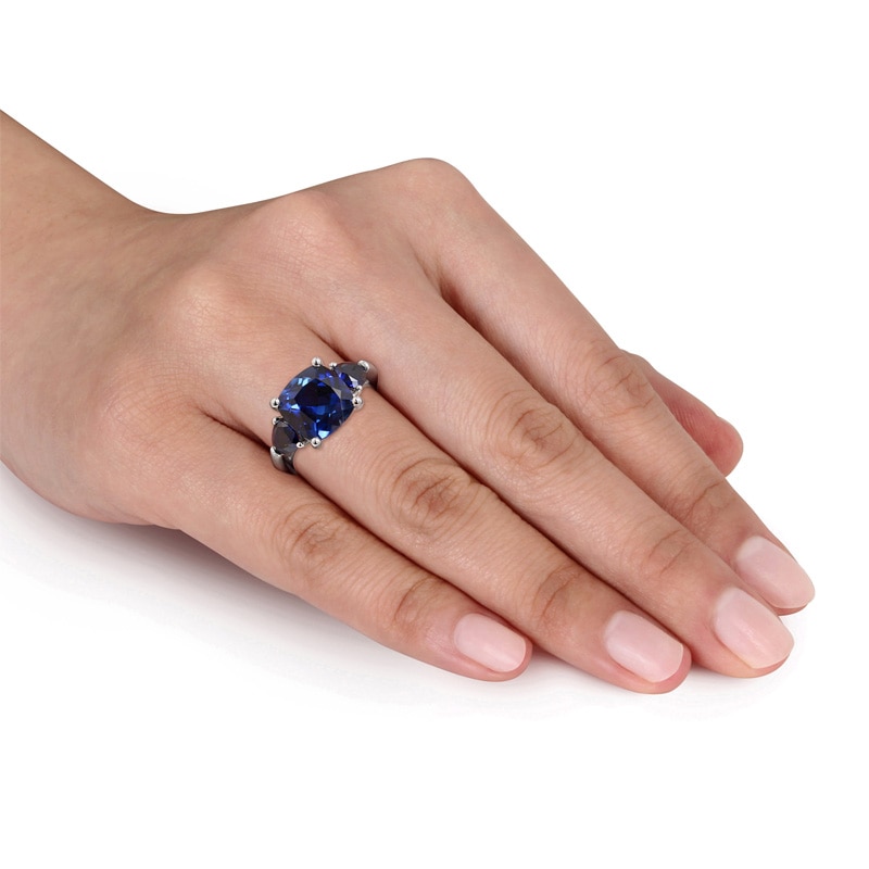 Main Image 4 of 10.0mm Cushion-Cut Lab-Created Blue Sapphire Three Stone Ring in Sterling Silver