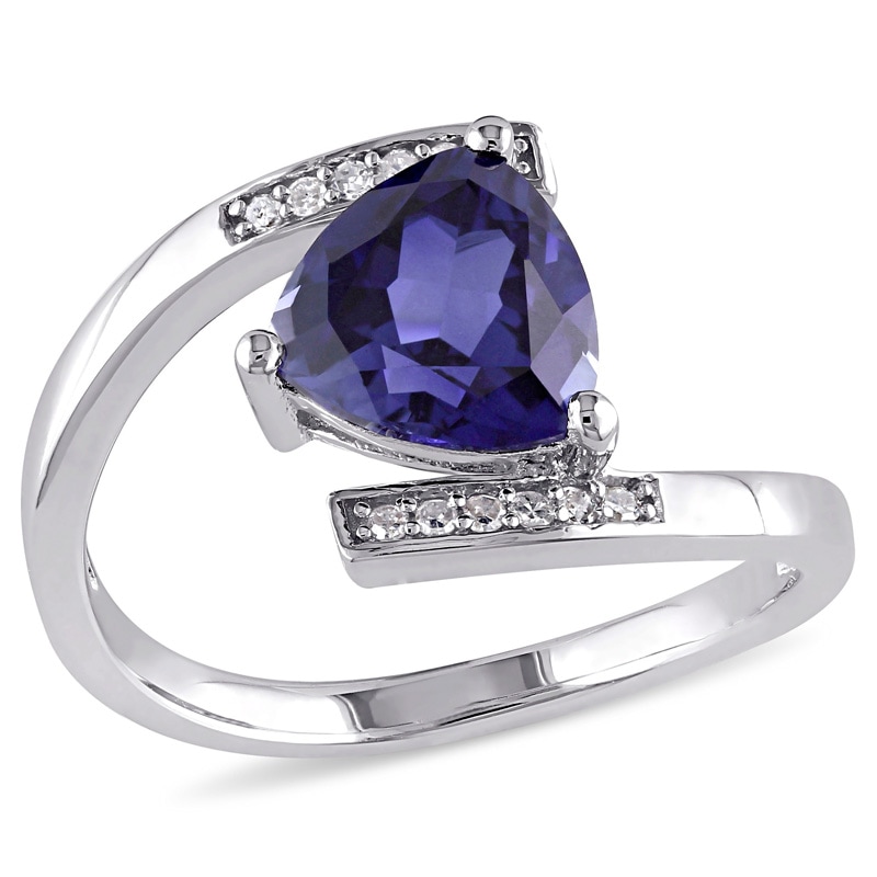 8.0mm Trillion-Cut Lab-Created Blue Sapphire and Diamond Accent Bypass Ring in Sterling Silver|Peoples Jewellers