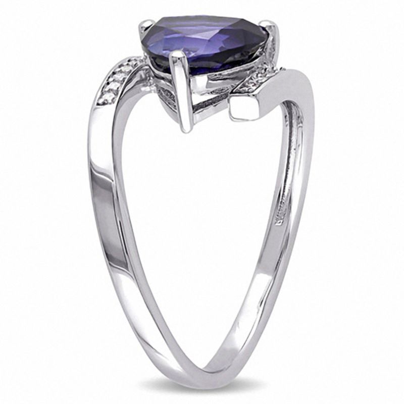 8.0mm Trillion-Cut Lab-Created Blue Sapphire and Diamond Accent Bypass Ring in Sterling Silver