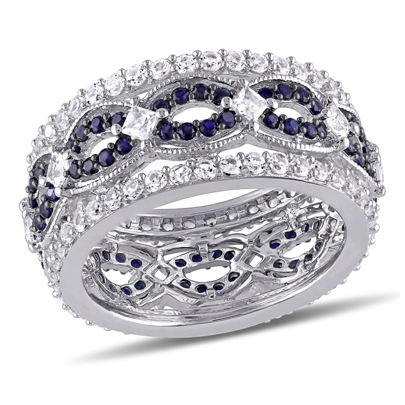 Lab-Created Blue and White Sapphire Multi-Row Vintage-Style Band in Sterling Silver