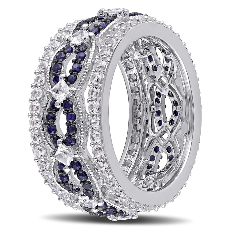 Lab-Created Blue and White Sapphire Multi-Row Vintage-Style Band in Sterling Silver