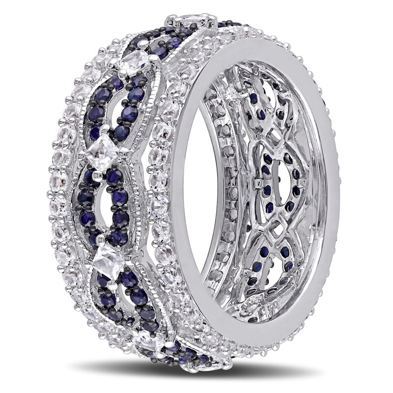 Main Image 2 of Lab-Created Blue and White Sapphire Multi-Row Vintage-Style Band in Sterling Silver