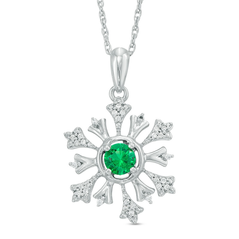 4.5mm Lab-Created Emerald and 0.09 CT. T.W. Diamond Snowflake Pendant in Sterling Silver