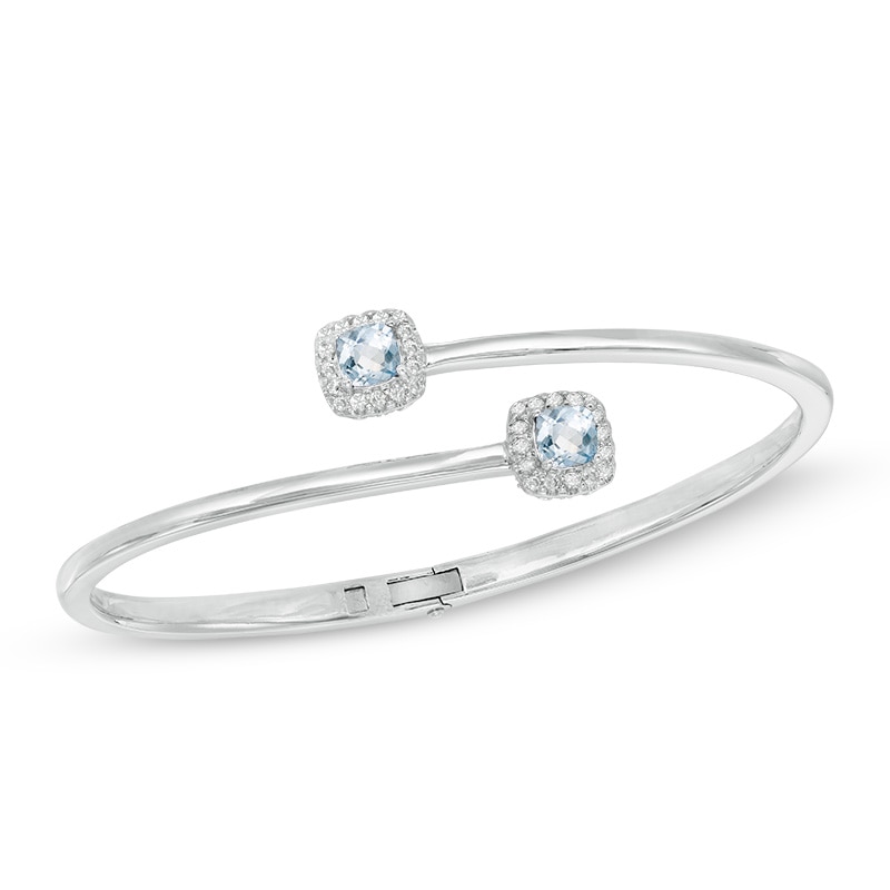 5.0mm Cushion-Cut Lab-Created Blue Spinel and White Sapphire Frame Hinged Bangle in Sterling Silver