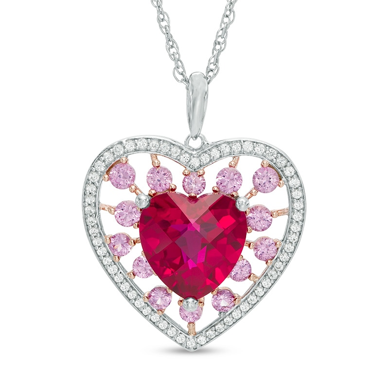 9.0mm Lab-Created Ruby with Pink and White Sapphire Heart Pendant in Sterling Silver