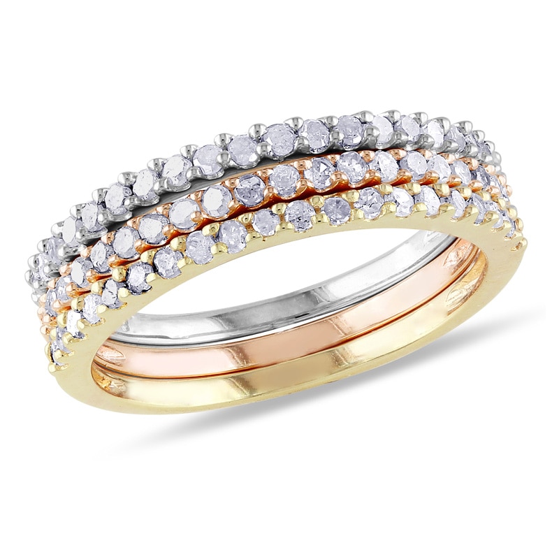 0.60 CT. T.W. Diamond Stackable Three Band Set in Sterling Silver with Two-Tone Rhodium Plating