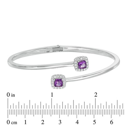 5.0mm Cushion-Cut Amethyst and Lab-Created White Sapphire Frame Hinged Bangle in Sterling Silver