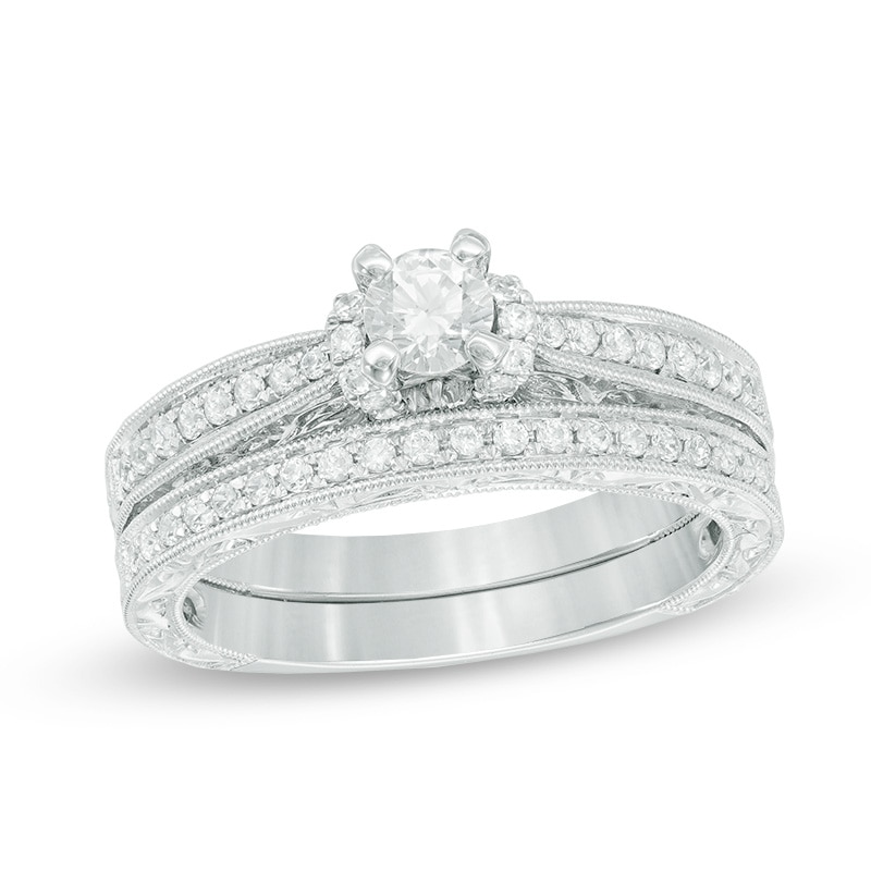 0.58 CT. T.W. Diamond Vintage-Style Bridal Set in 10K White Gold