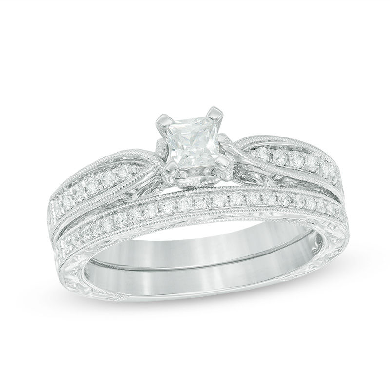 Main Image 1 of 0.45 CT. T.W. Princess-Cut Diamond Vintage-Style Bridal Set in 10K White Gold