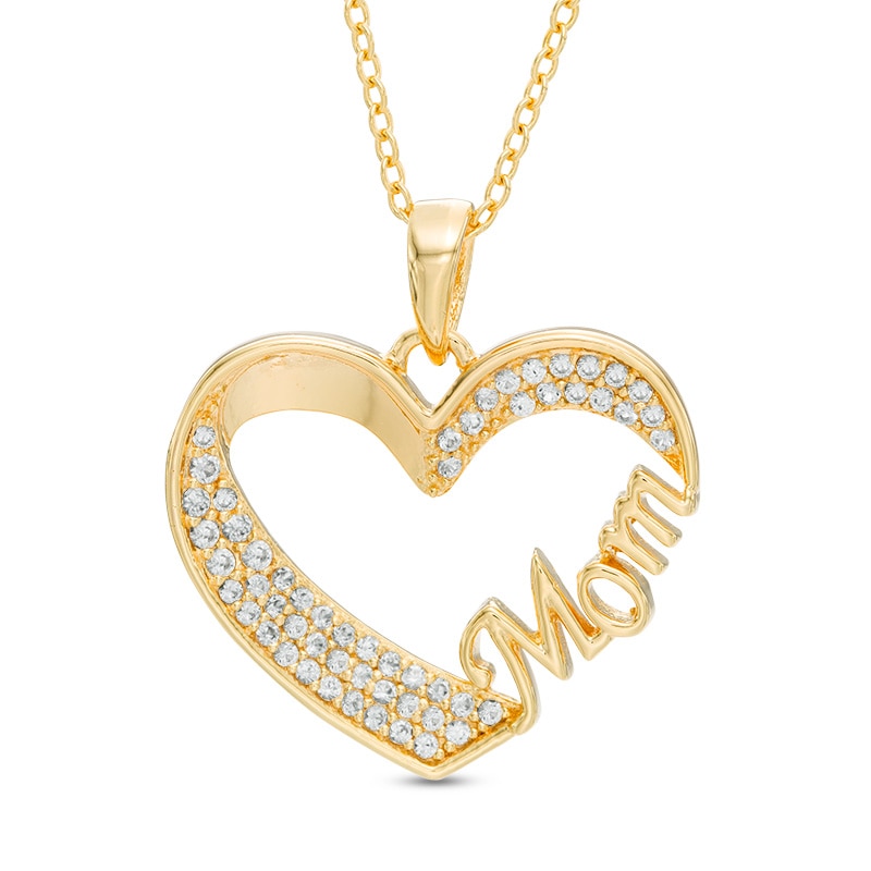 Lab-Created White Sapphire "Mom" Heart Pendant in Sterling Silver with 18K Gold Plate