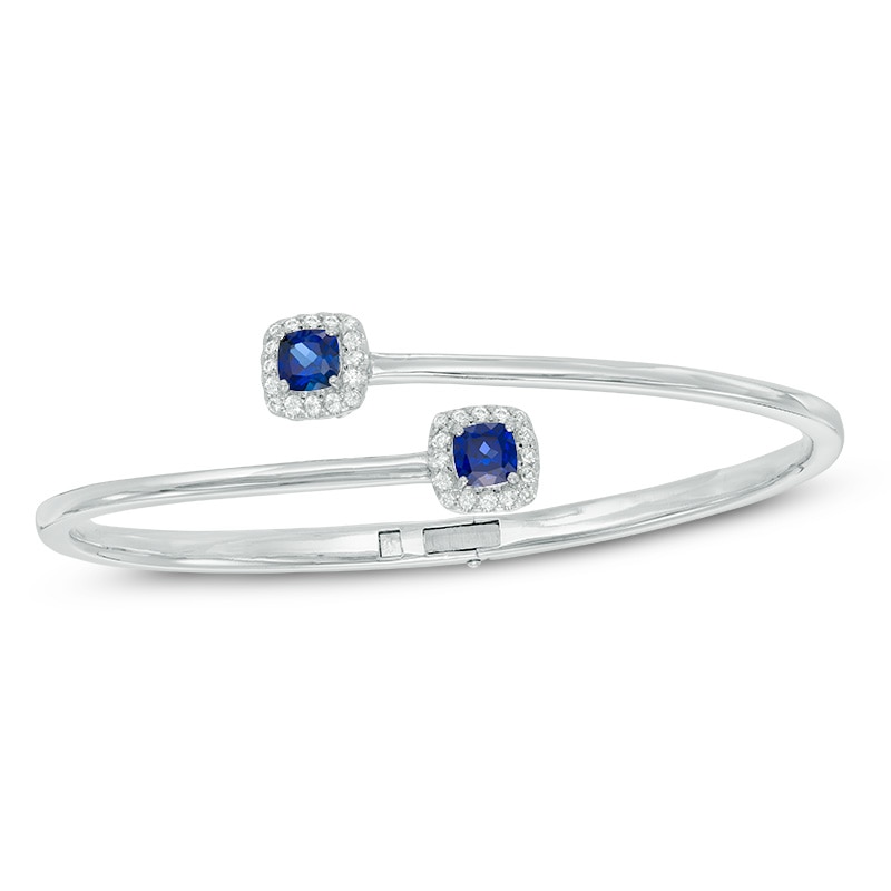 5.0mm Cushion-Cut Lab-Created Blue and White Sapphire Frame Hinged Bangle in Sterling Silver