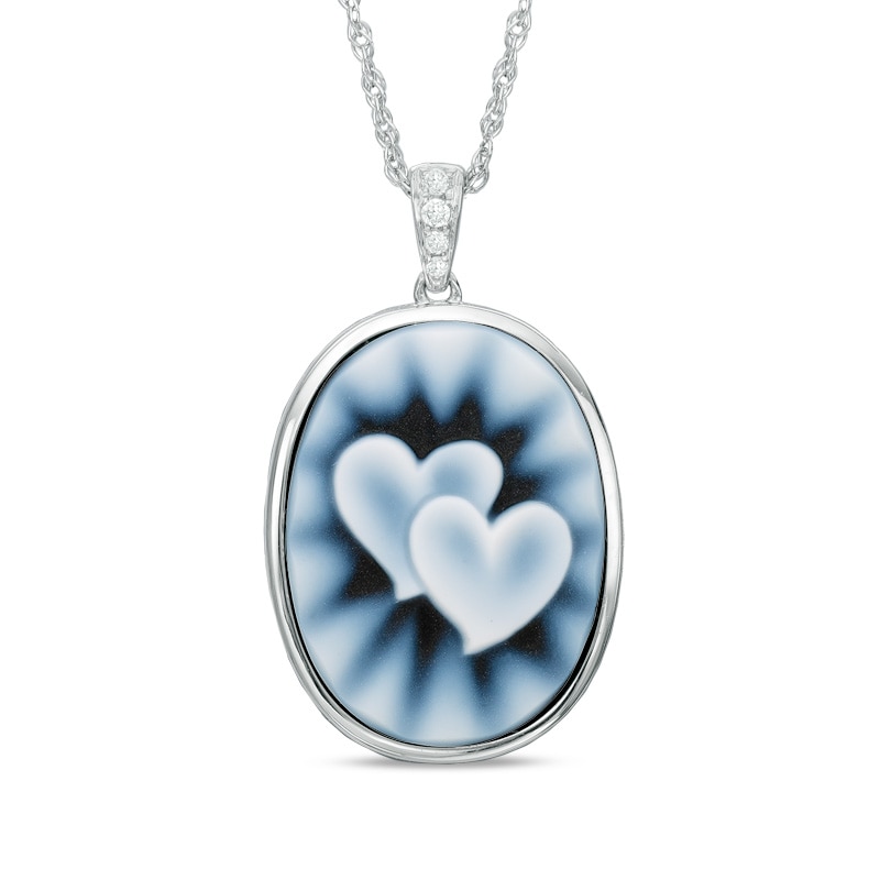 Oval Agate and Lab-Created White Sapphire Double Heart Cameo Pendant in Sterling Silver