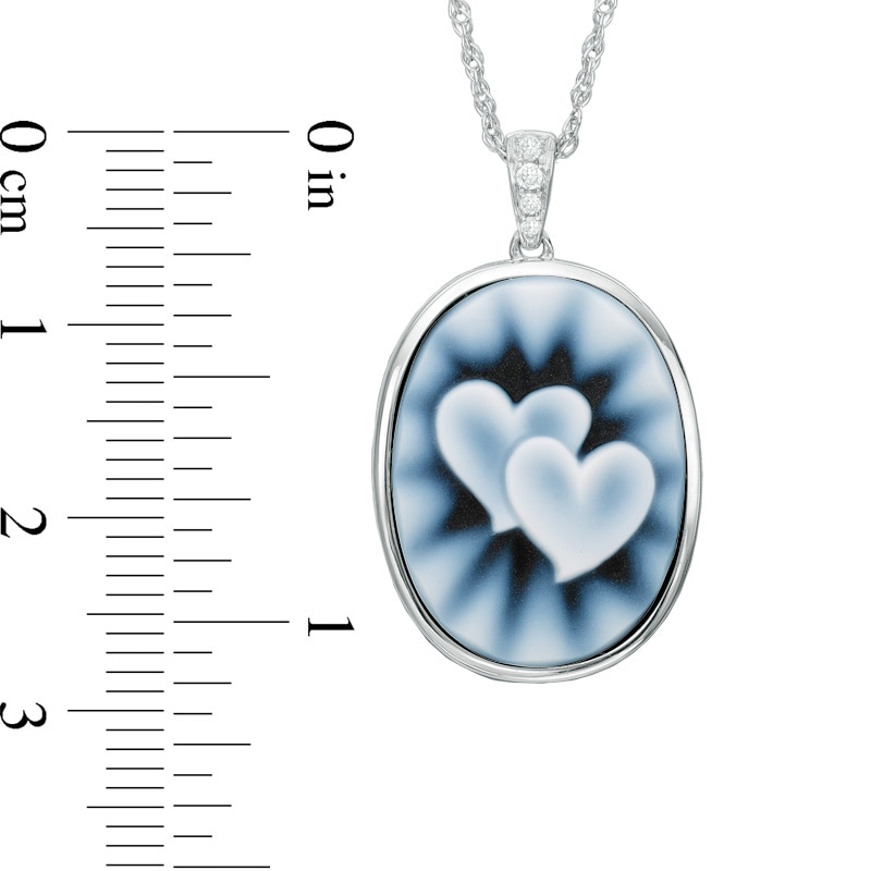 Oval Agate and Lab-Created White Sapphire Double Heart Cameo Pendant in Sterling Silver