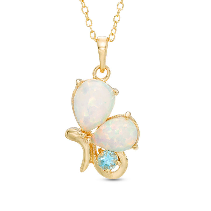 Pear-Shaped Lab-Created Opal and Swiss Blue Topaz Butterfly Pendant in Sterling Silver with 18K Gold Plate