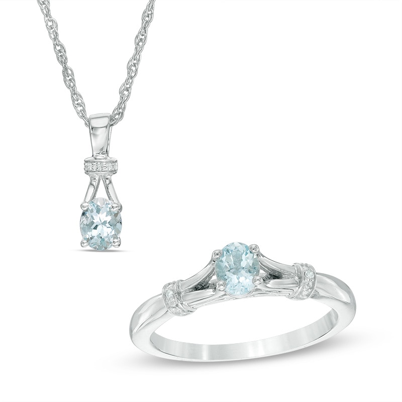 Main Image 1 of Oval Aquamarine and Diamond Accent Collar Pendant and Ring Set in Sterling Silver - Size 7