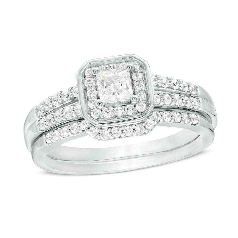Main Image 1 of 0.45 CT. T.W. Princess-Cut Diamond Cushion Frame Bridal Set in Sterling Silver