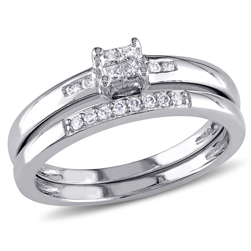 Main Image 1 of 0.17 CT. T.W. Quad Princess-Cut Diamond Bridal Set in Sterling Silver
