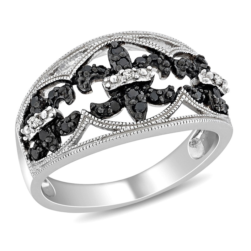 0.25 CT. T.W. Enhanced Black and White Diamond Vintage-Style Fleur-de-Lis Ring in Sterling Silver