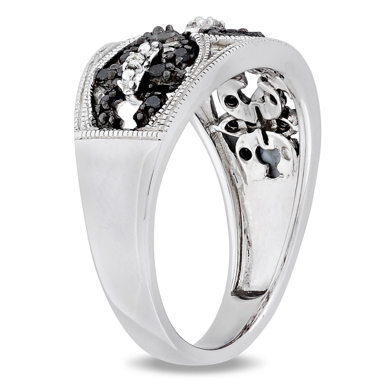 Main Image 2 of 0.25 CT. T.W. Enhanced Black and White Diamond Vintage-Style Fleur-de-Lis Ring in Sterling Silver