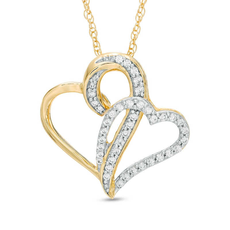 Lab-Created White Sapphire Tilted Hearts Pendant in Sterling Silver with 14K Gold Plate|Peoples Jewellers