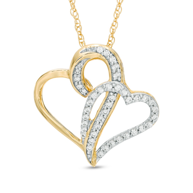 Main Image 1 of Lab-Created White Sapphire Tilted Hearts Pendant in Sterling Silver with 14K Gold Plate