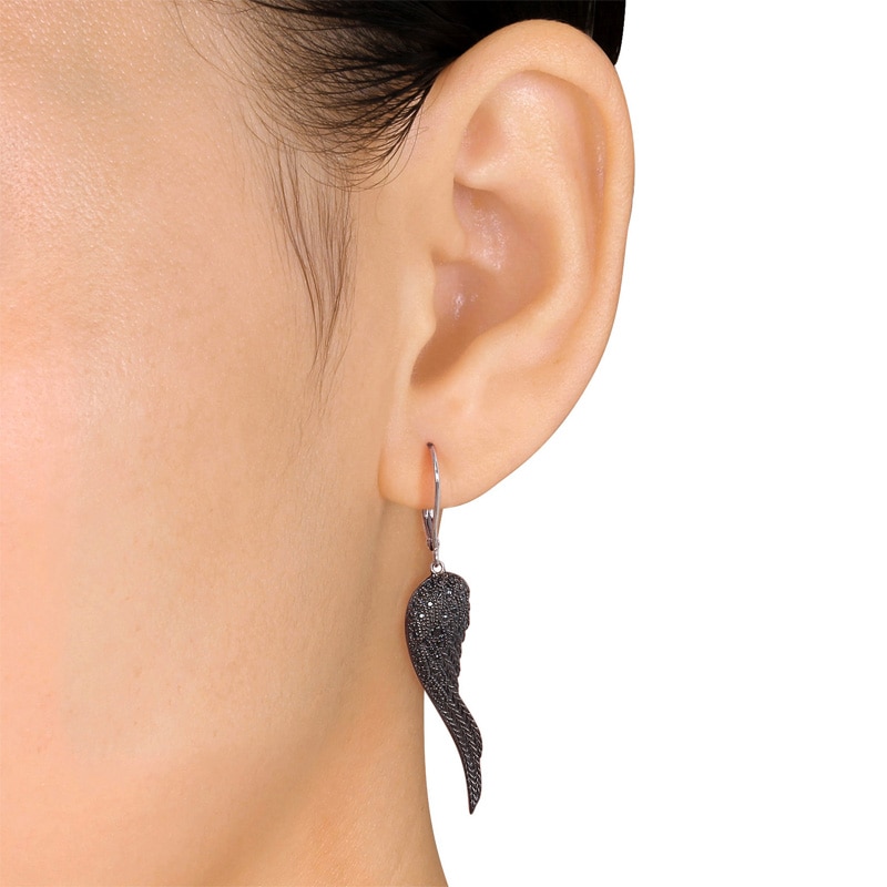 Black Diamond Accent Wing Earrings in Sterling Silver