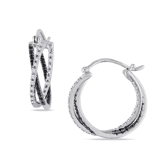 0.27 CT. T.W. Enhanced Black and White Diamond Crossover Hoop Earrings in Sterling Silver