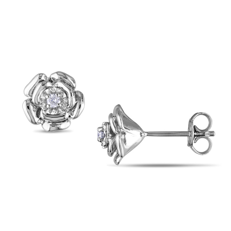 0.06 CT. T.W. Diamond Solitaire Rose Stud Earrings in Sterling Silver