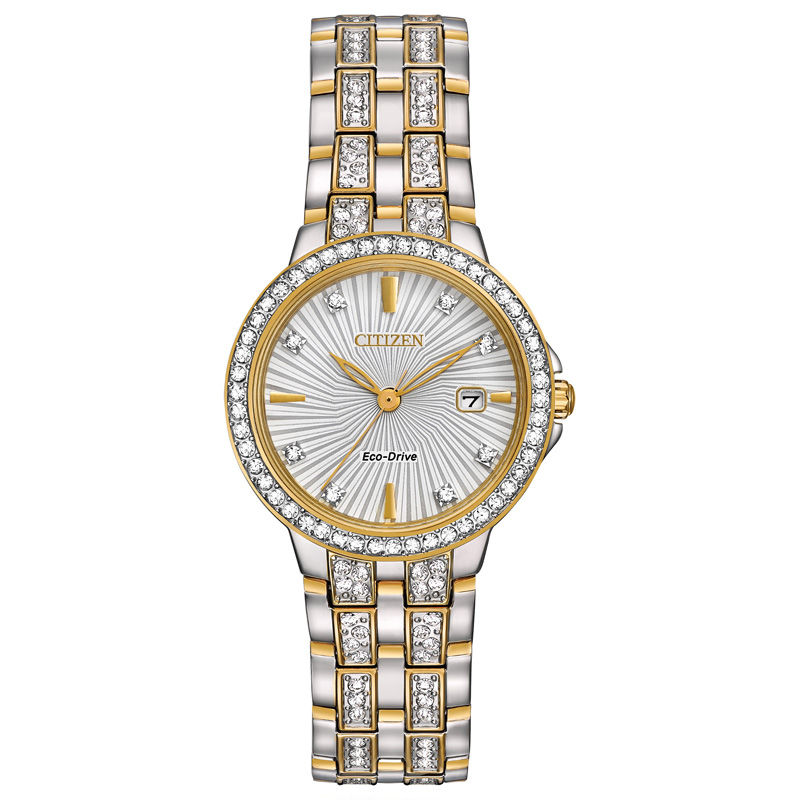 Ladies' Citizen Eco-DriveÂ® Silhouette Crystal Two-Tone Watch with White Dial (Model: EW2344-57A)