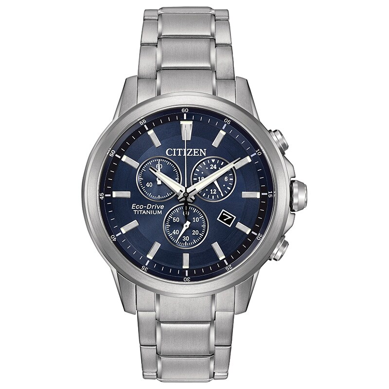 Main Image 1 of Men's Citizen Eco-Drive® TI + IP Titanium Chronograph Watch with Dark Blue Dial (Model: AT2340-56L)