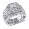 Thumbnail Image 0 of 0.24 CT. T.W. Quad Princess-Cut Diamond Layered Frame Split Shank Vintage-Style Bridal Set in Sterling Silver