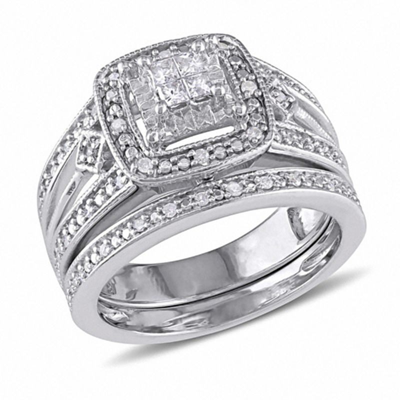 Main Image 1 of 0.24 CT. T.W. Quad Princess-Cut Diamond Layered Frame Split Shank Vintage-Style Bridal Set in Sterling Silver