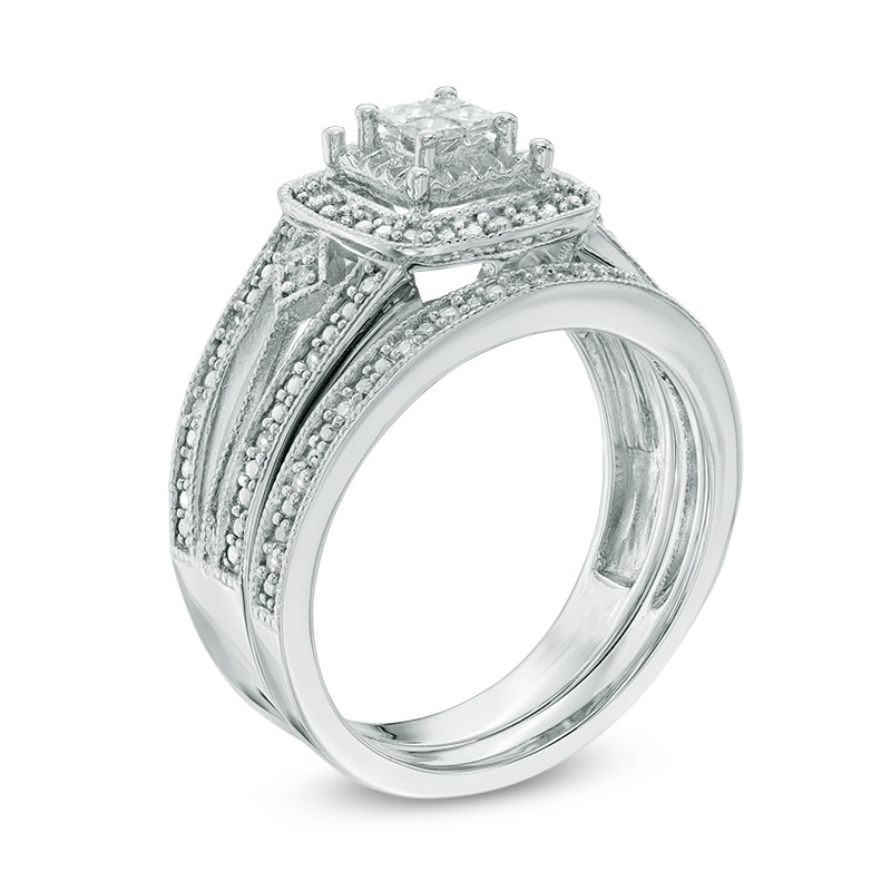 Main Image 2 of 0.24 CT. T.W. Quad Princess-Cut Diamond Layered Frame Split Shank Vintage-Style Bridal Set in Sterling Silver