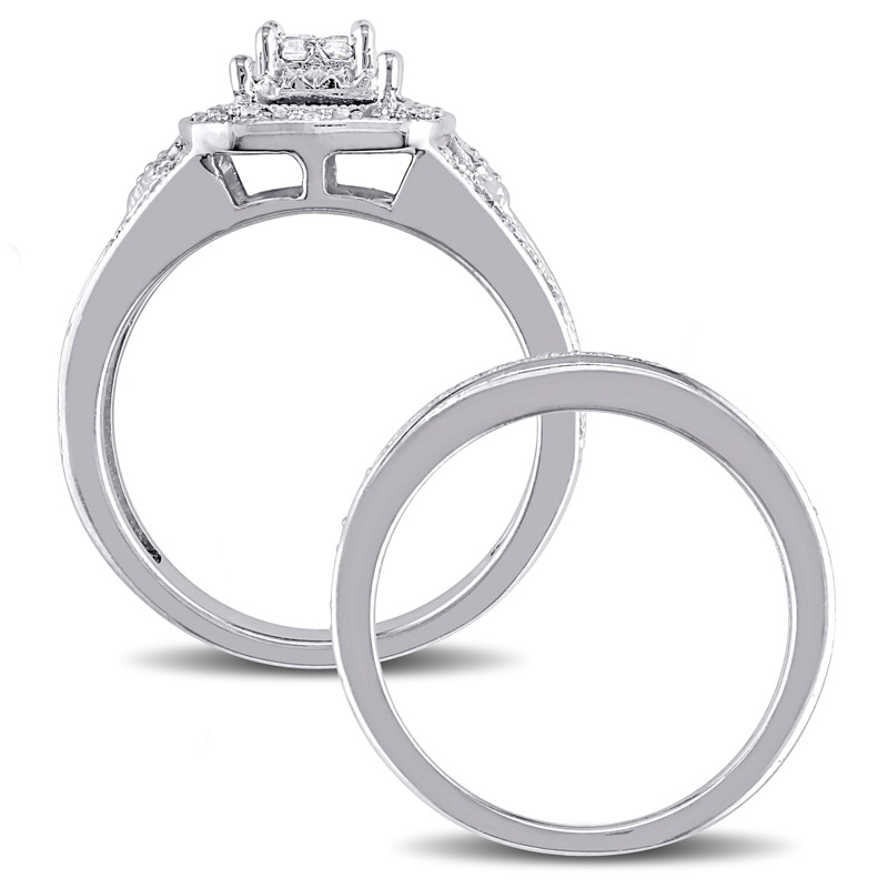 0.24 CT. T.W. Quad Princess-Cut Diamond Layered Frame Split Shank Vintage-Style Bridal Set in Sterling Silver