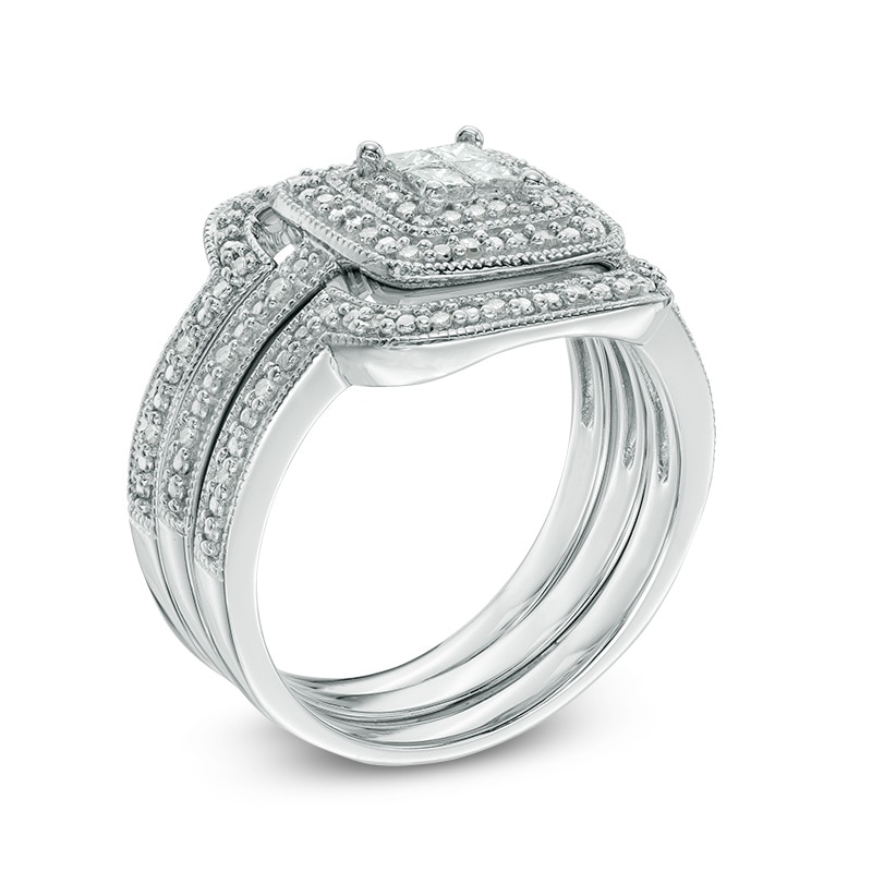 Main Image 2 of 0.36 CT. T.W. Quad Princess-Cut Diamond Layered Frame Vintage-Style Three Piece Bridal Set in Sterling Silver