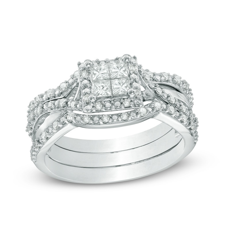 0.50 CT. T.W. Quad Princess-Cut Diamond Twist Shank Three Piece Bridal Set in Sterling Silver