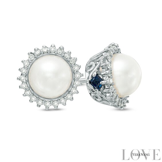 Vera Wang Love Collection Akoya Cultured Pearl and 0.13 CT. T.W. Diamond Star Frame Stud Earrings in 14K White Gold